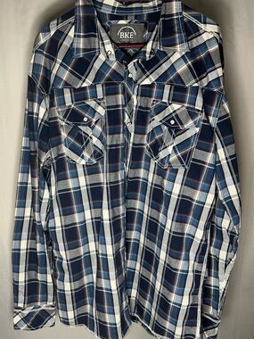BKE Blue, White & Gray Plaid Snap-Front Shirt